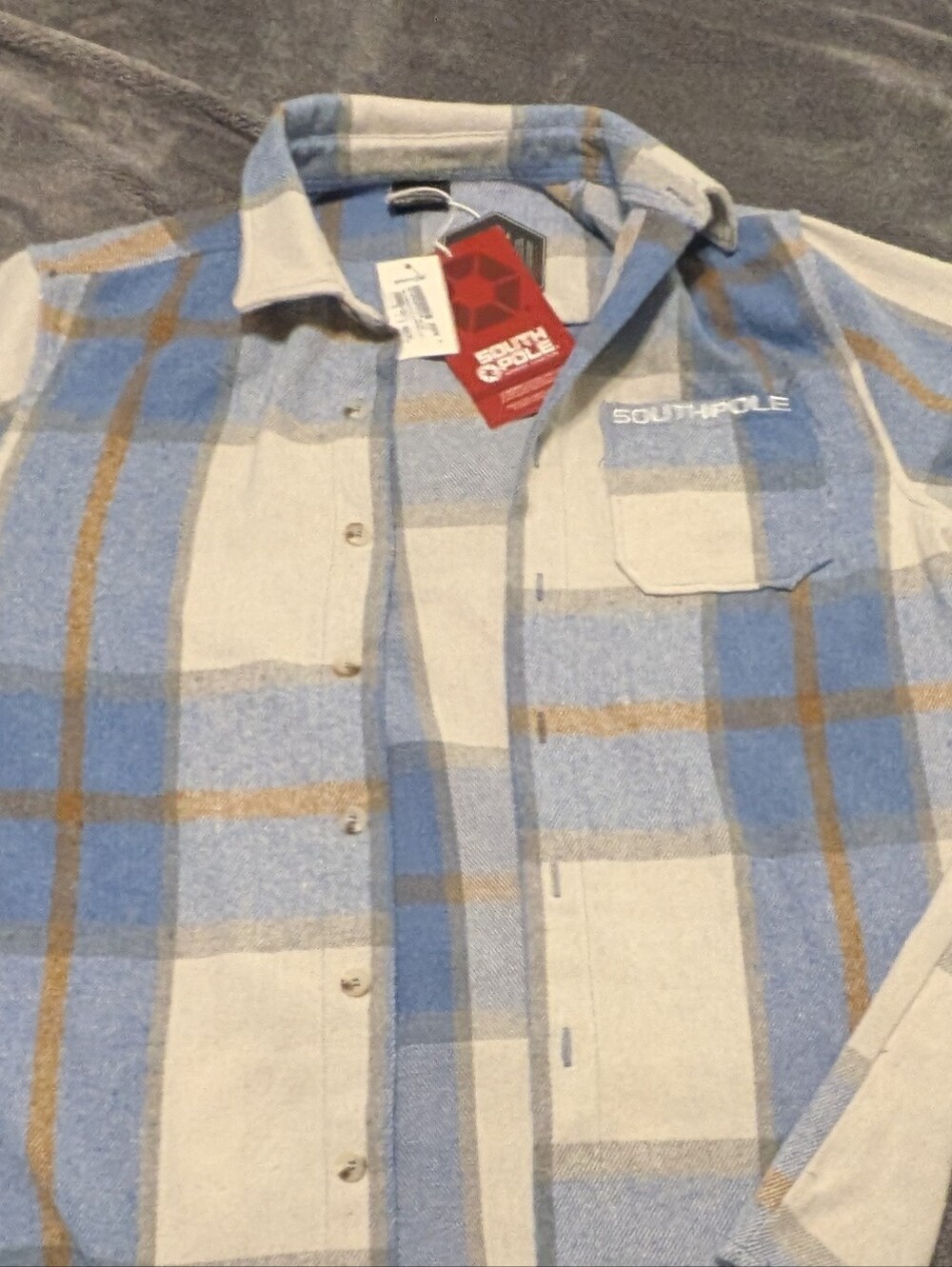 South Pole Light Blue Cream Tan Plaid Button-Up Shirt